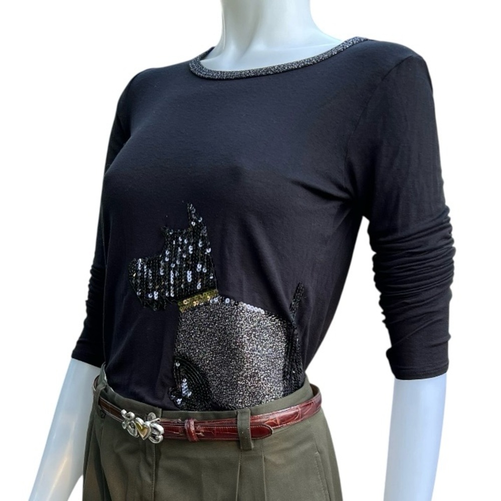 Vintage Women Black Sequin Scottie Dog Graphic Long Sleeve Top Sparkly Y2K USA